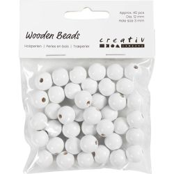 Houten Kralen, d 12 mm, gatgrootte 3 mm, ca. 40 stuk, wit, 22 gr/ 1 doos